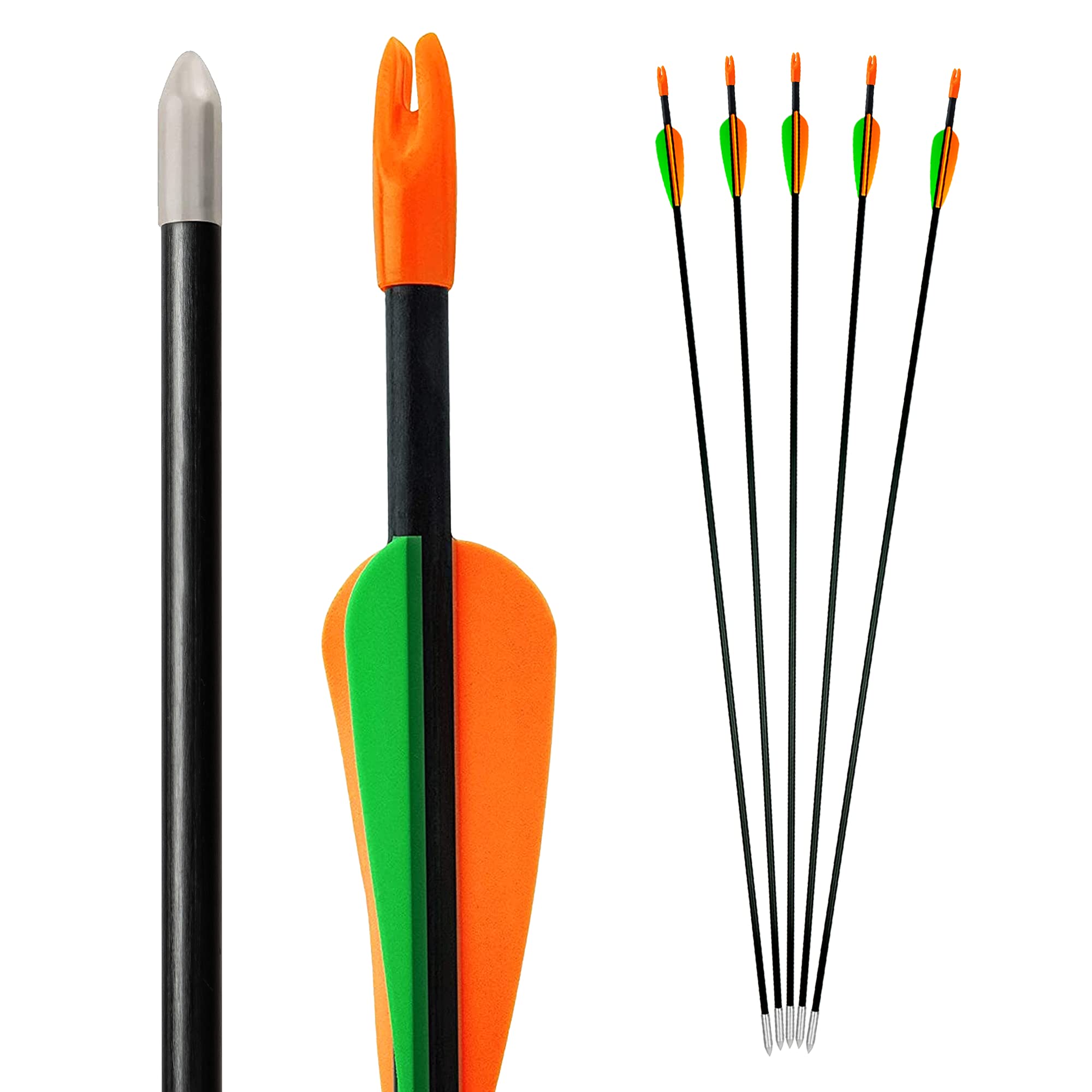 Flèches de Tir à l'arc | Lot de 5 | Flèches d'arc en Fibre de Verre avec Pointe en Métal pour Débutants et Avancés | 28 Pouces