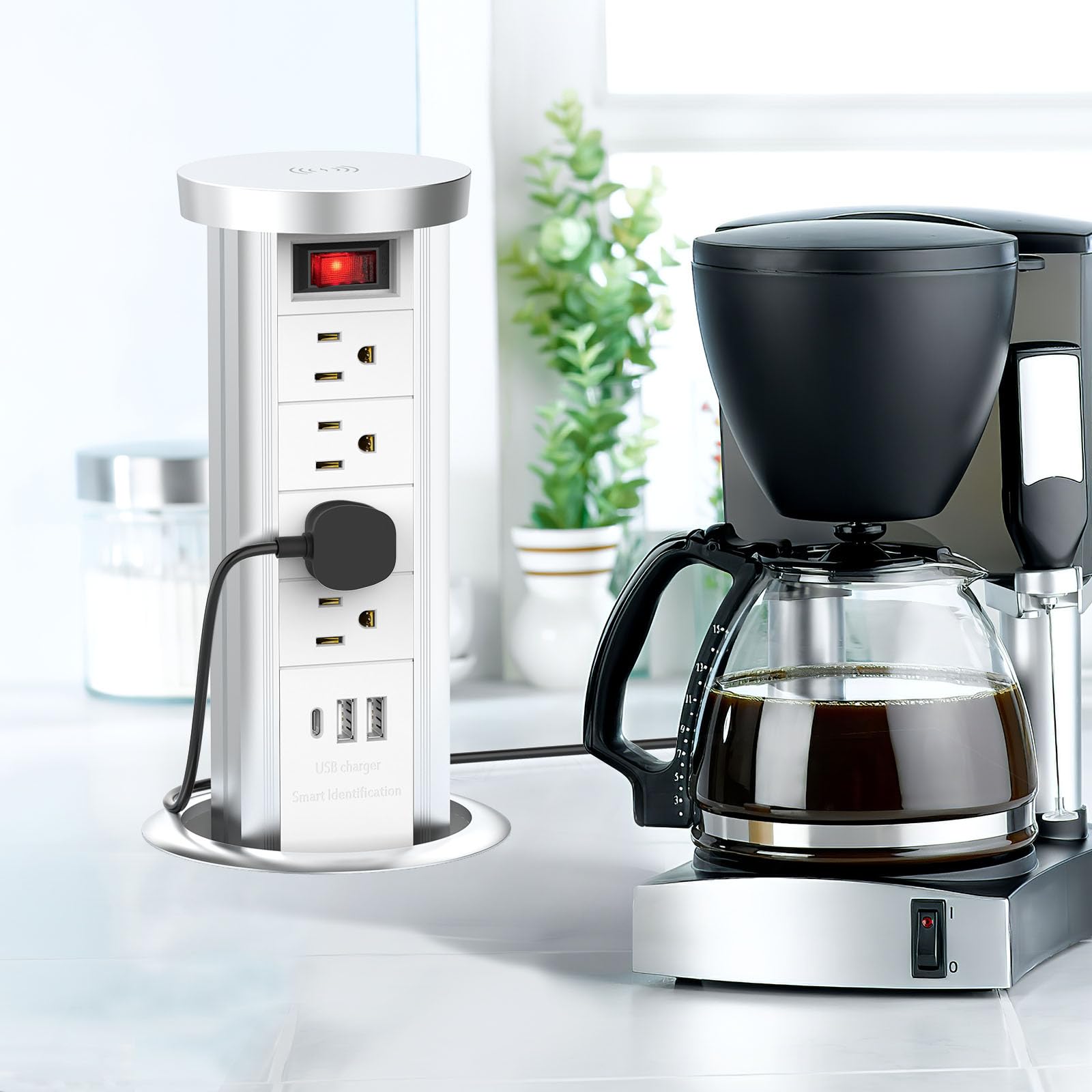 Pop Up Outlet for Countertop with PD 20W USB C, Recessed Countertop Outlet 4 AC Outlets 3 USB Ports and 10W Wireless Charger, Flush Mount Power Strip for Kitchen Island Office(White)