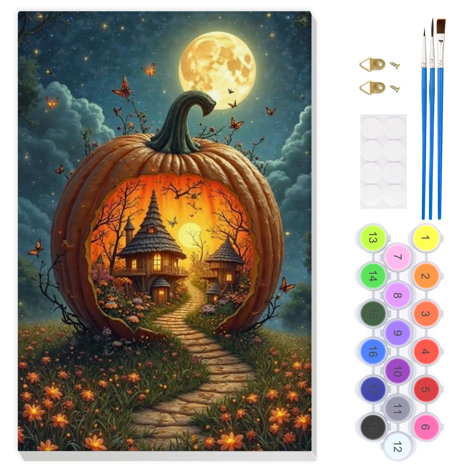 EOBROMD Pumpkin House Paint by Numbers for Adults with Frame, Moon Paint by Numbers Kits, DIY Color Oil Painting Acrylic Easy Painting by Numbers for Gift Home Wall Decor (8x12inch) — image 1