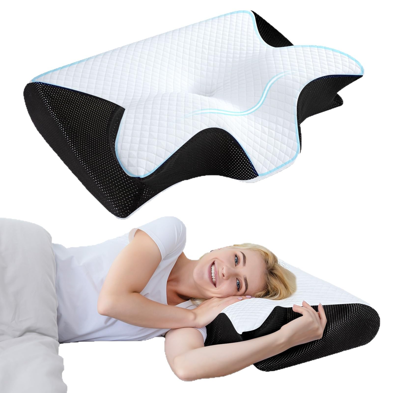 MEIION Cervimed Oreiller Médical Ergonomique Oreiller Ergonomique Cervical 2 En 1 En Mousse à Mémoire De Forme - Orthopédique Pour Dormir Sur Le Dos Et Sur Le Côté