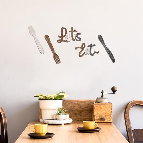 Miniatura 5 de Jetec 5 carteles de decoración de pared de cocina, tenedor, cuchara, cuchillo, decoración de cocina, decoración rústica de madera para el hogar,