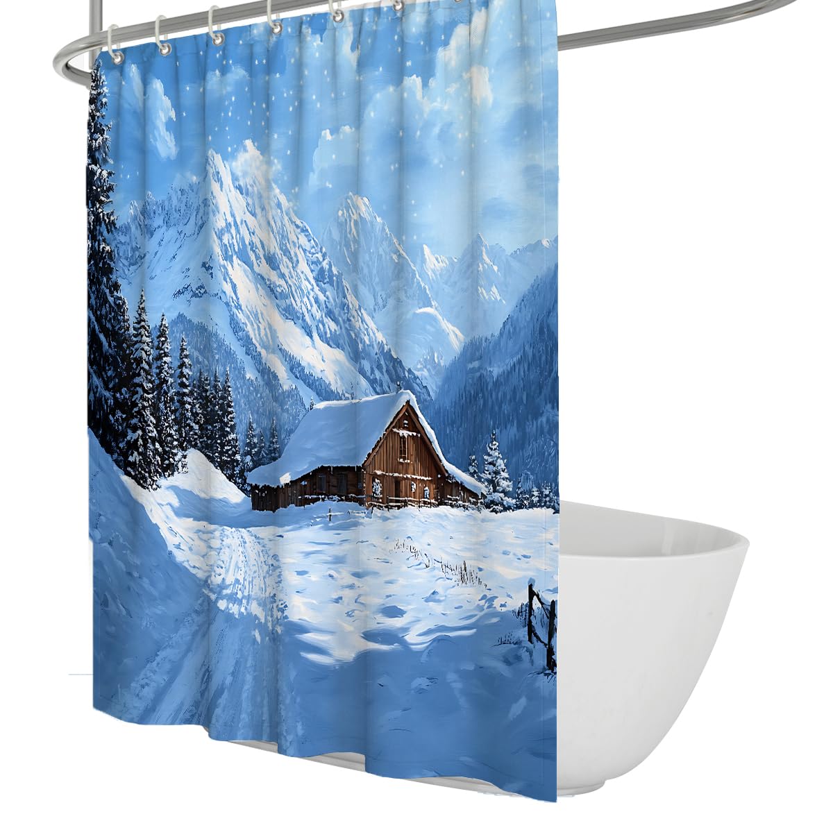 Winter Schneeberg Holzhütte Duschvorhang W180xL220 cm