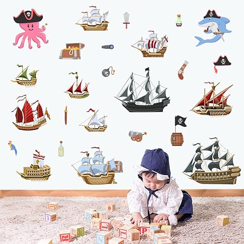 Miniatura 6 de Calcomanías de pared extraíbles de barco pirata, calcomanías de madera para barco, velero, divertido, océano, pulpo, tiburón, impermeable, despegar