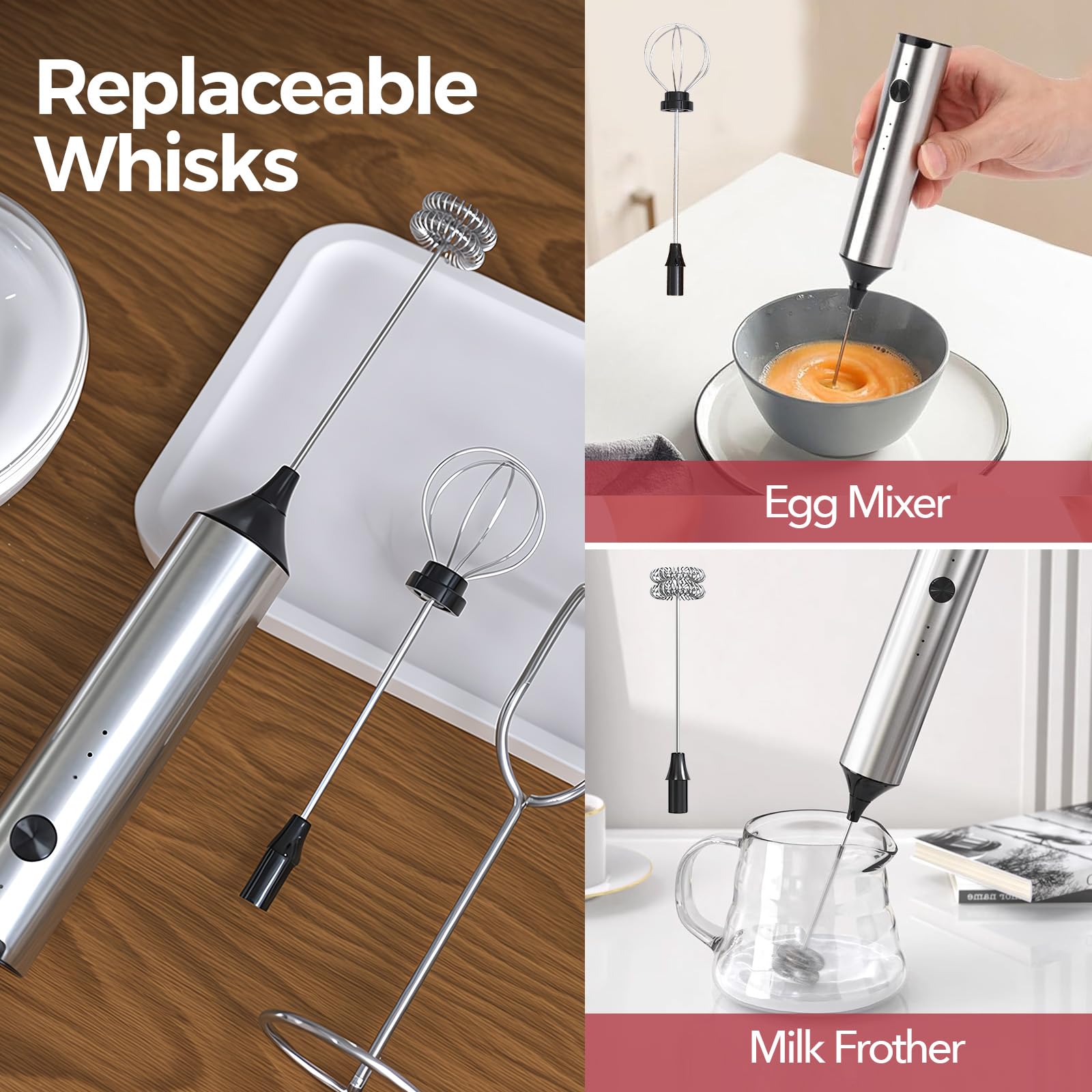 Espumador de leche de mano recargable de acero inoxidable con soporte, batidor eléctrico ajustable de 3 velocidades con 2 batidores de acero inoxidable, mezclador de bebidas para café 5