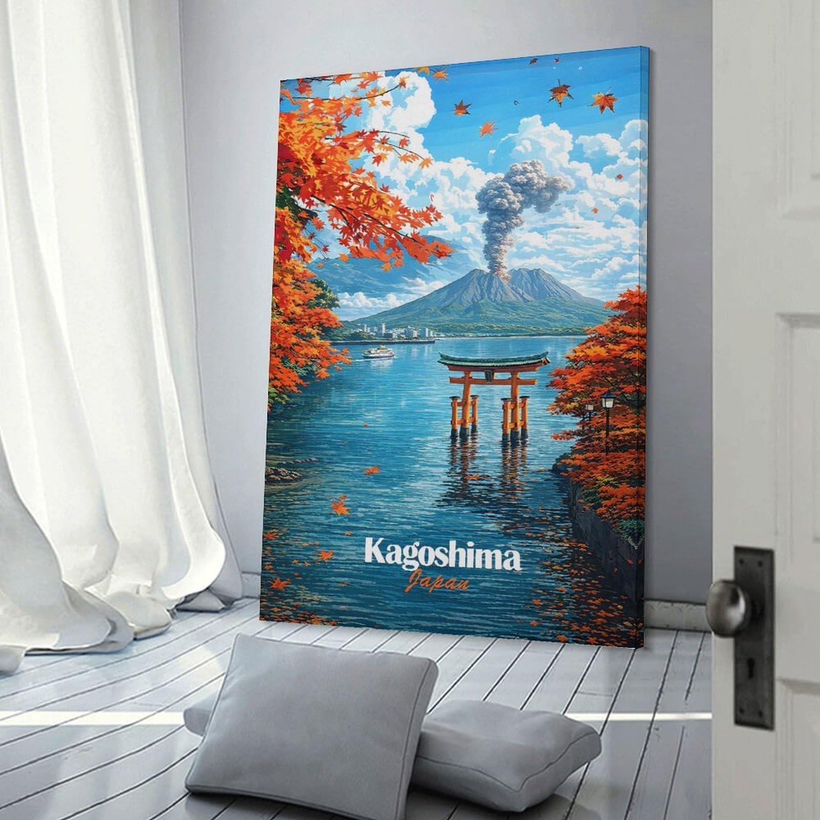 Junmoney Frame-Style-24-1 Canvas Wall Art Kagoshima Japan Volcano Torii Gate, 24X36inch(60X90cm), For Lounge Decor, Bedroom Walls Or Flats, Eye Catching Artwork For Blank Walls