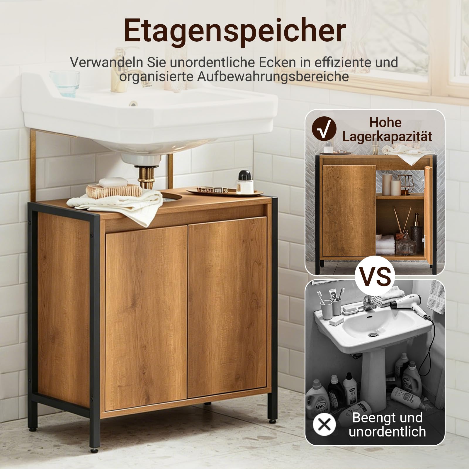 SoBuy Waschbeckenunterschrank Schrank Badmöbel Badezimmer Unterschrank Holz mit 2 Türen und Regal, waschtischunterschrank schmal stehend Badunterschrank für kleine Bäder WC 60x60x30 cm BZR63-PF