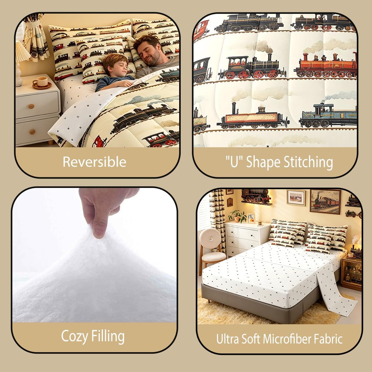 Feelyou Vintage Train Comforter Set Twin 7 Pcs Retro Steam Engine Boys Girls Retro Steam Locomotive Train Bedding Set Vehicle Train Bed in a Bag with Comforter, Sheets, Pillowcases & Cushion Cover