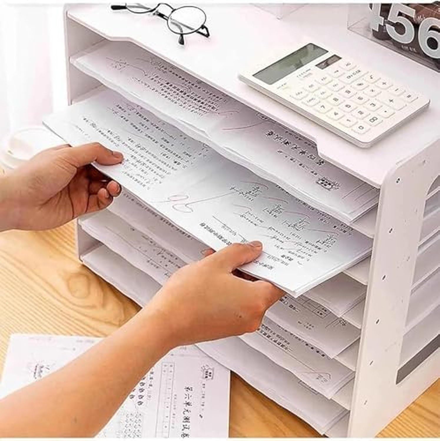 Organizer da scrivania in legno per documenti formato A4 A3, soluzione extra large a 7 ripiani con vassoi ribaltabili per uso domestico o ufficio
