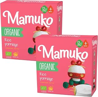 MAMUKO Organic Porridge - Rice porridge with No Added Sugar, Milk & Preservatives - High Fiber porridge Developed with EU Experts - Healthy porridge Ideal for Little Ones from 4+ Months - 2 Pack