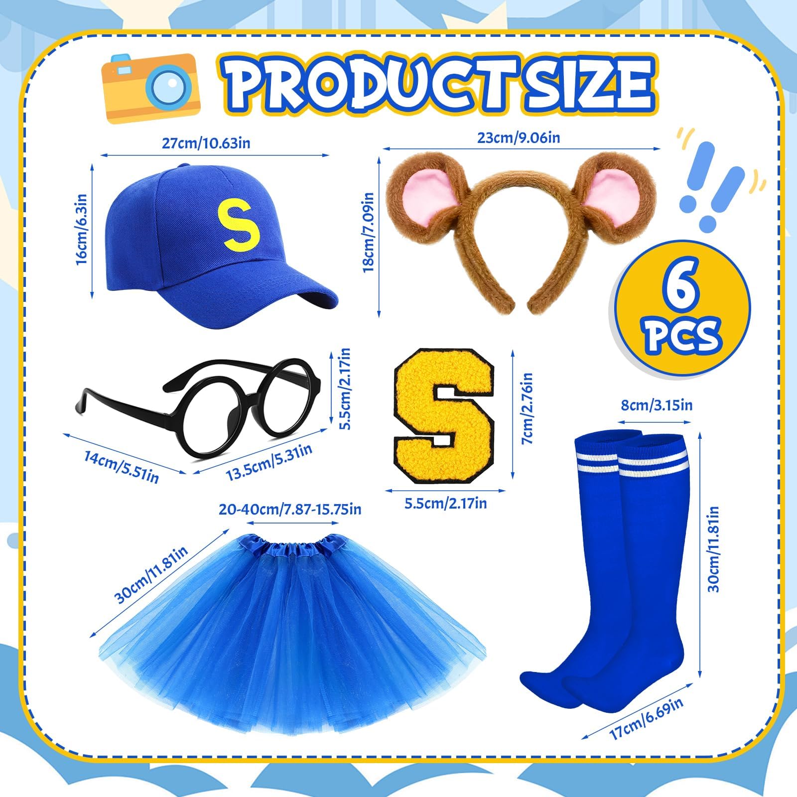 Jokureao 6Pcs Chipmunks Costume Set, Cartoon Chipmunk Outfit with Hat Glasses Headband Skirt Socks Patch - Image 2