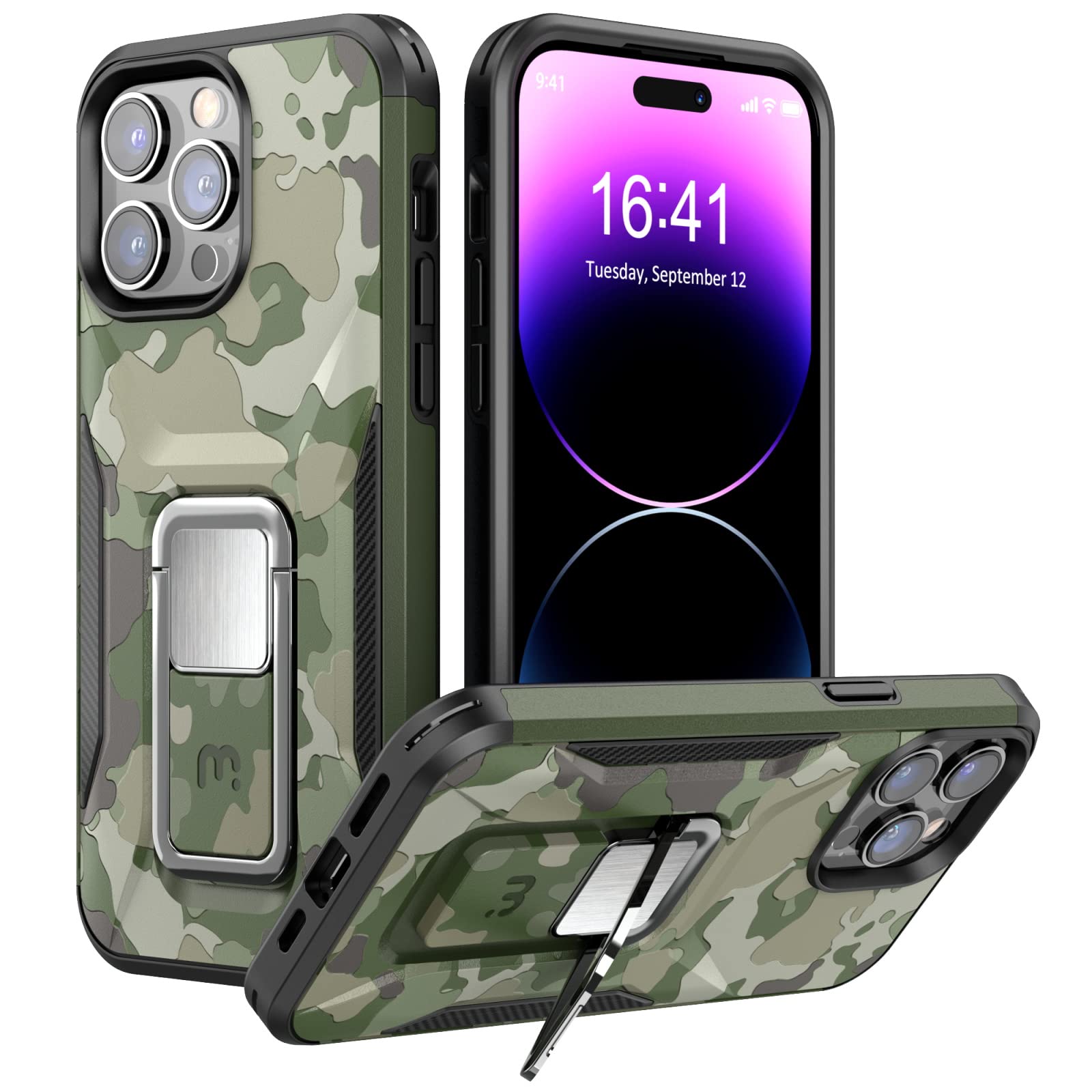 MYBAT Pro Stealth Series Phone Case for iPhone 14 Pro Case with Stand 6.1",Support Magnetic Car Mount, Heavy Duty Military Grade Drop Protective Rugged Bumper Armor Covers(Army Green Camo)