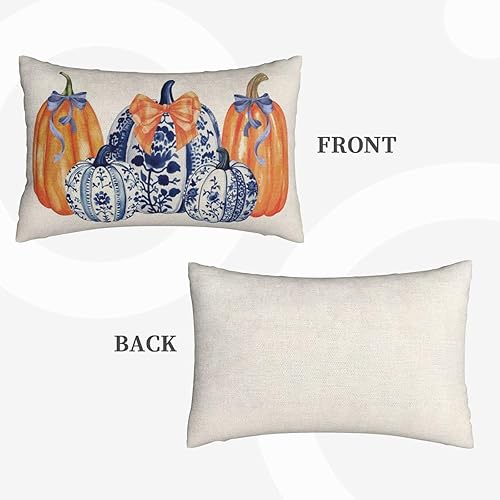 Miniatura 127 de Juego de 2 fundas de almohada de otoño de 18 x 18 pulgadas, hojas de arce de calabaza y búfalo a cuadros, decoración de otoño, de lino, Acción