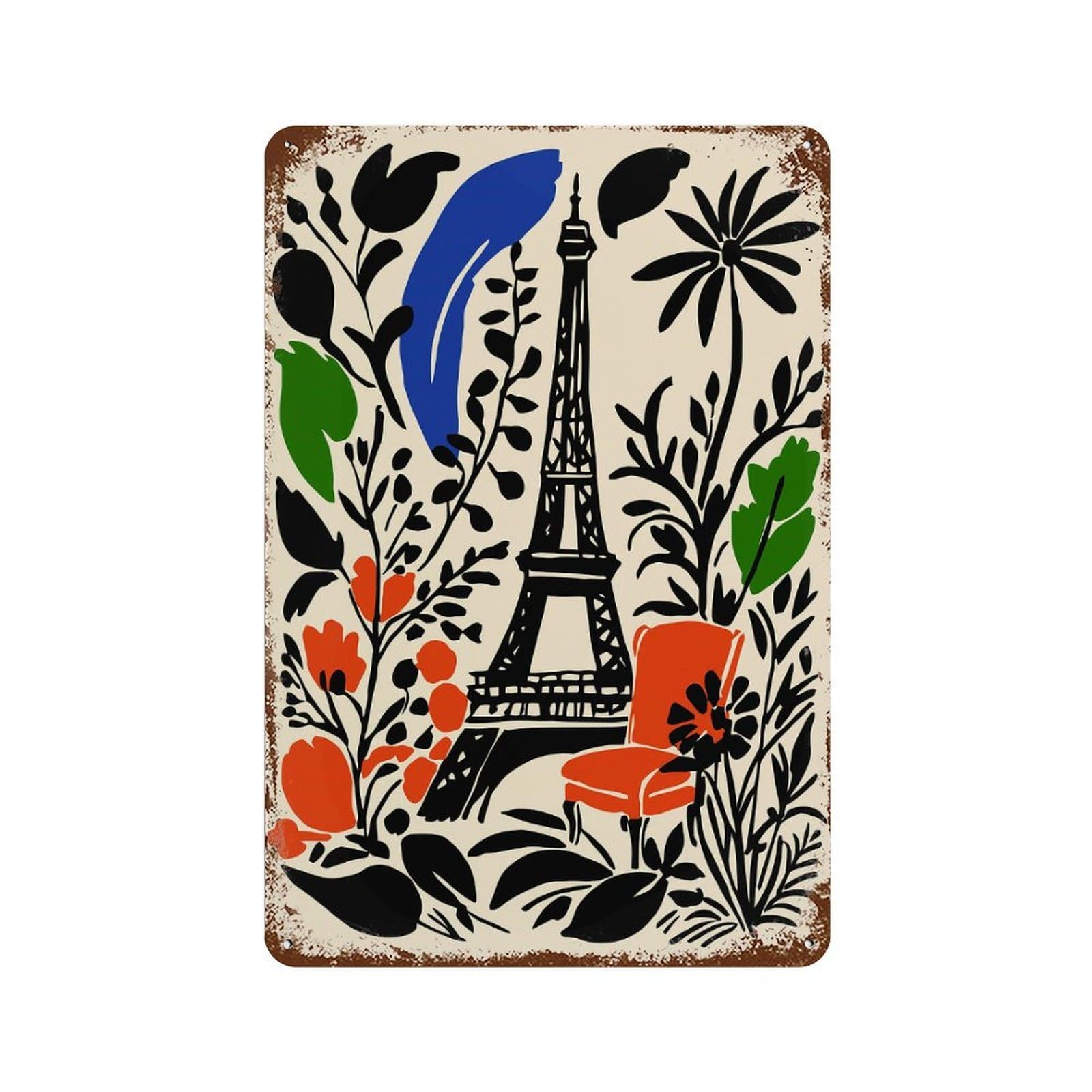 Paris Eiffel Tower Floral Illustration Retro Metal Sign 11.8"x7.9", Shabby Chic Decor for Bistro, Counter And Cafe Decor