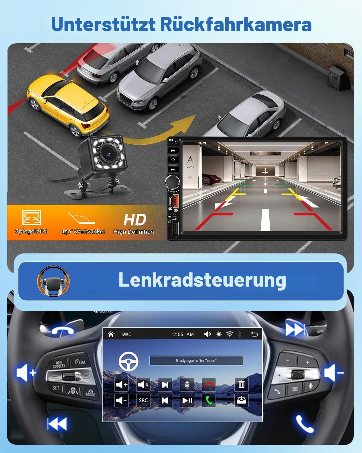 NHOPEEW 2-Din-Autoradio mit Wireless CarPlay & Android Auto – 7-Zoll-Touchscreen-Radio mit Lenkradsteuerung, Spiegelverknüpfung + Rückfahrkamera
