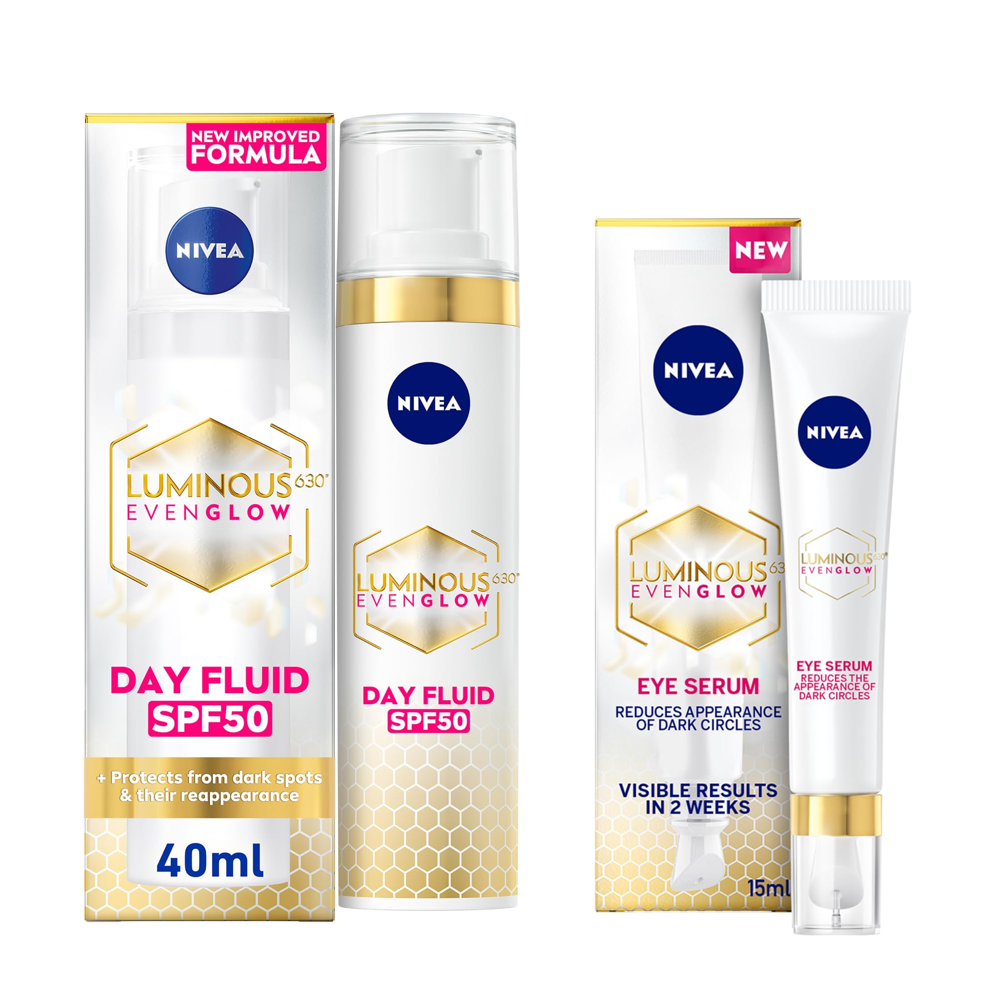 NIVEALUMINOUS 630 EVEN GLOW Bundle: Face Fluid SPF 50, UVA & UVB Sun Protection, 40ml + Anti Dark Circles & Puffy Eyes Serum, Hydrating Hyaluronic Acid & Energizing Caffeine, 15ml