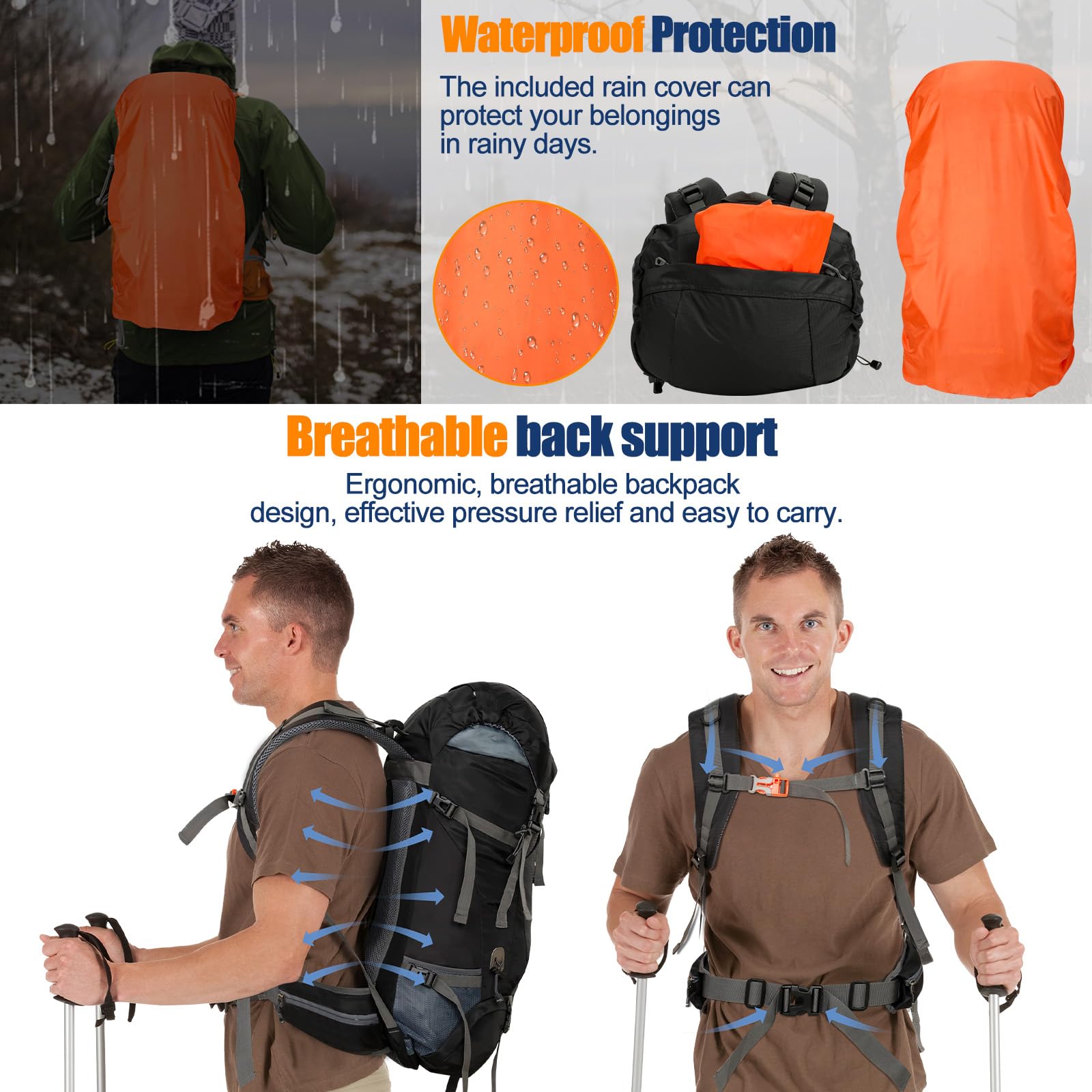 Cozary Plecak turystyczny 70 l, dla mężczyzn i kobiet, plecak trekkingowy, outdoorowy, z osłoną przeciwdeszczową, odporny na rozerwanie, wodoszczelny, z systemem wentylacji, wiele przegródek na