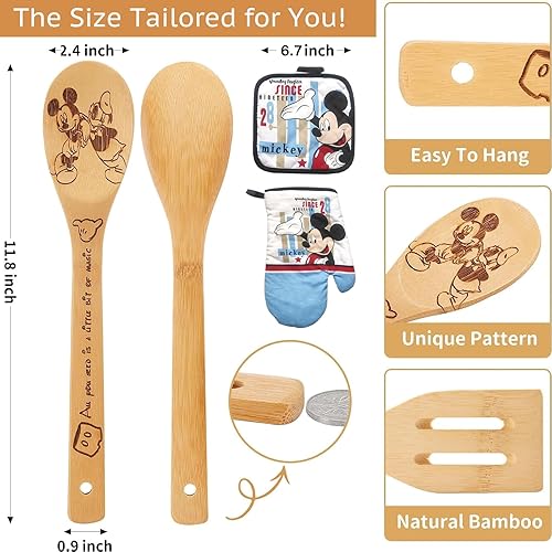 Miniatura 2 de Juego de 9 cucharas de madera de ratón para cocinar, juego de utensilios de cocina de bambú de Mickey con delantal, manoplas de horno, juego de