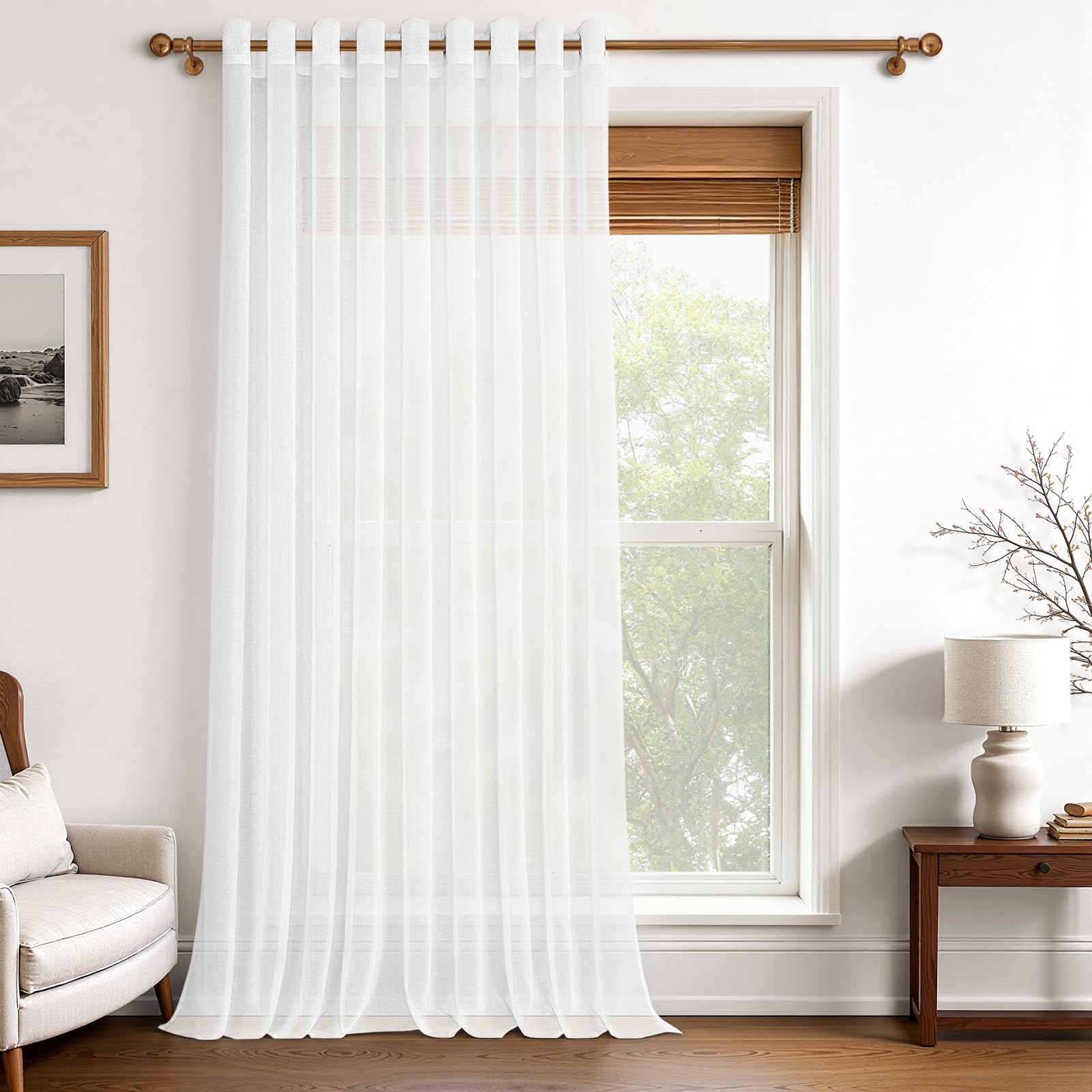MRTREES Stores Gardine Weiß Wohnzimmer Gardinen modern Schlaufenschal 1er Set 245×300cm (H×B) Vorhänge mit Ösen in Leinenoptik halbtransparent Schals Vorhang kurz