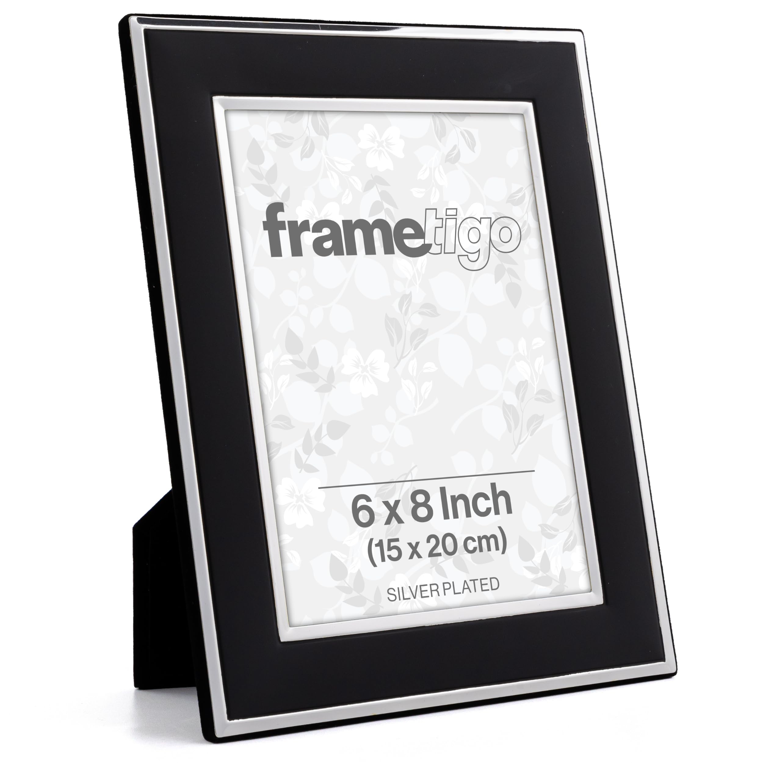 Frametigo - Silver Plated Black Photo Frame, 6"x8" (15x20cm) Photo Size - Velvet Frame Backing & Stand - Real Glass Window - Tarnish Resistant - Landscape or Portrait Orientation