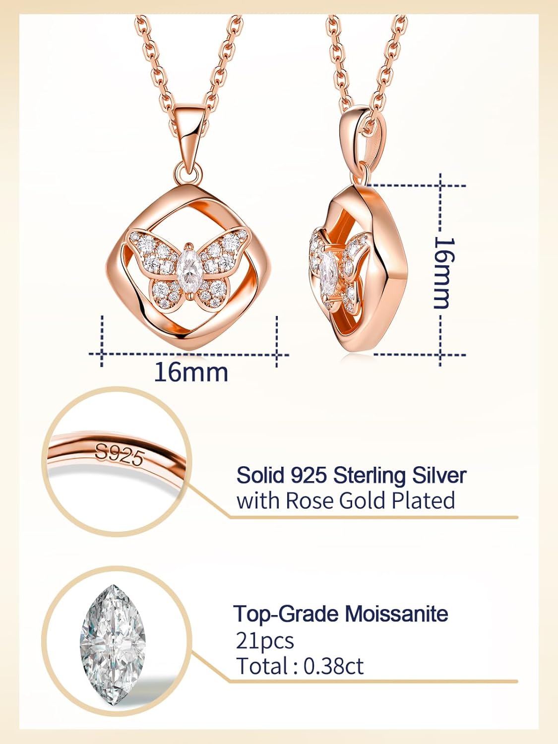 CYW Color-D VVS1 Clarity Moissanite Butterfly Pendant Necklace for Women, Really Authentic Solid 925 Sterling Silver, 16"/18"/20" Adjustable Chain, Anniversary Mother's Day Christmas Valentines Gift - Image 6