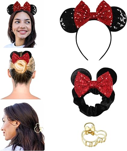 Styla Hair Juego de 3 piezas de diadema de orejas de ratón, bandas elásticas de ratón con lentejuelas y clip de garra, accesorios para la diadema de Styla Hair Juego de 3 piezas de diadema de orejas de ratón, bandas elásticas de ratón con lentejuelas y clip de garra, accesorios para la diadema de