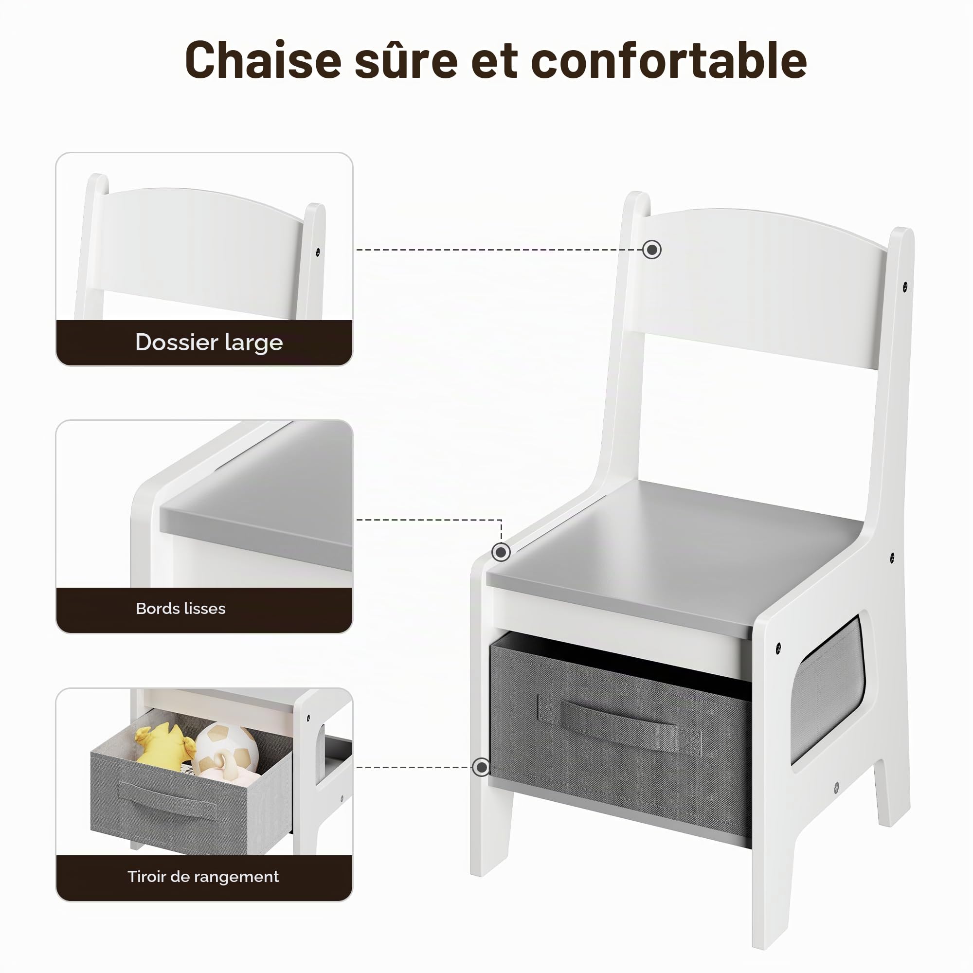 Xbro 4 en 1 Table Enfant avec 2 Chaises, Table de Dessin avec Plateau Réversible et Tableau Noir, Petit Bureau Enfant avec 2 Boîtes de Rangement Amovible, Étagères à Livres, Blanc