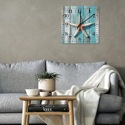 Miniatura 4 de Reloj de pared con estrella de mar, hora del océano, relojes de pared de madera costera, funciona con pilas, 12 pulgadas, sin tictac, decoración de