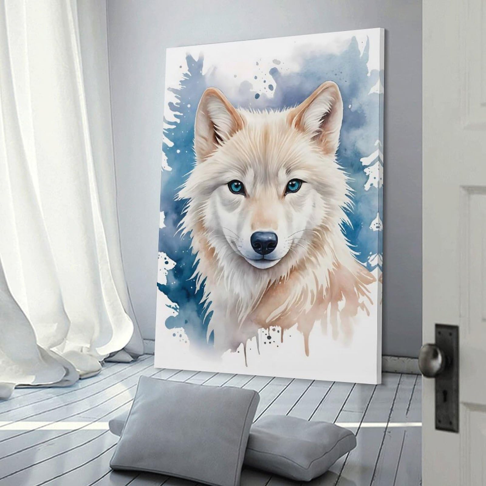 Junmoney White Wolf Cute Watercolor Canvas Wall Decor 24x36inch(60x90cm), for Study, Office Or Focused Interiors, Wall Art That Adds Style to Work Areas