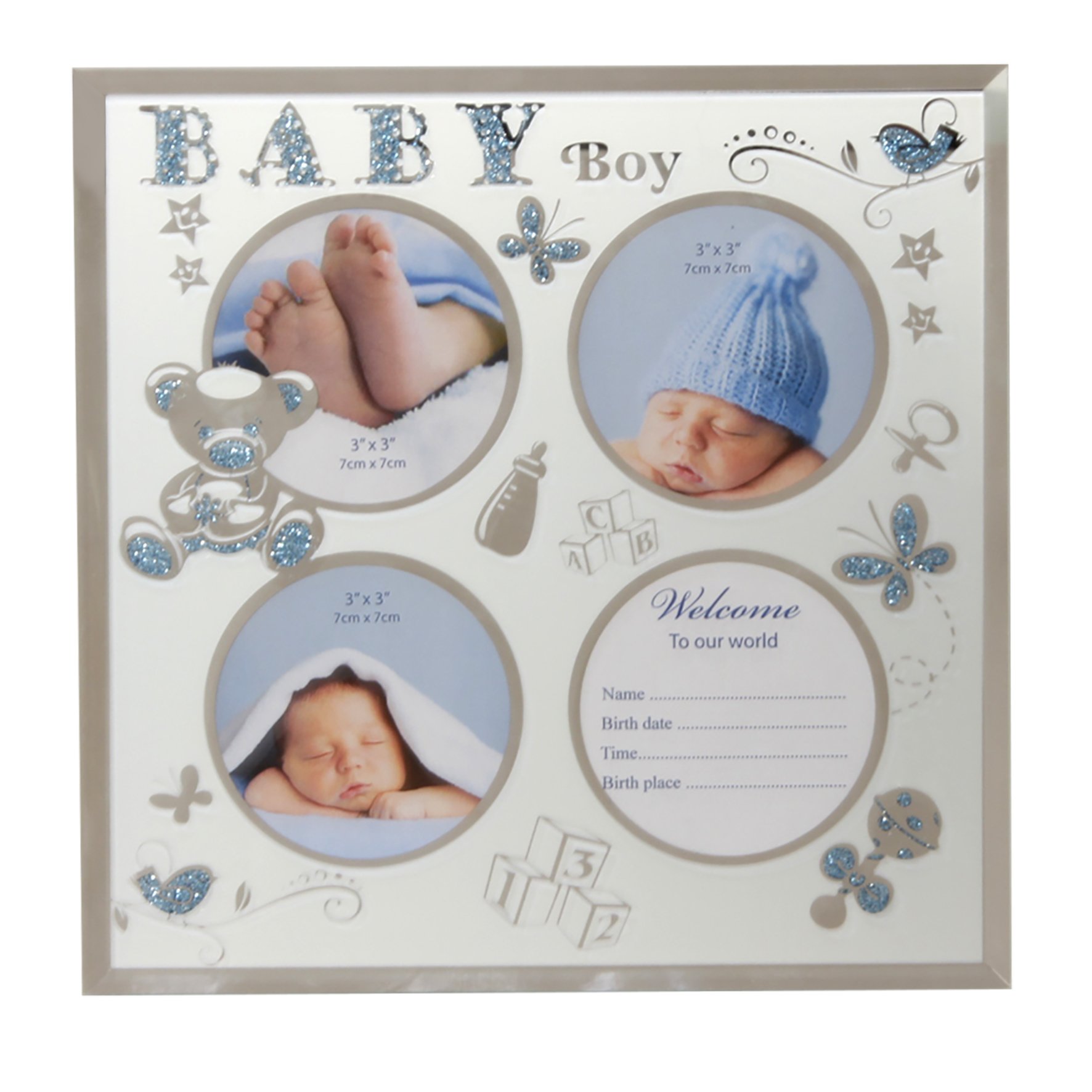 Triple Baby Boy Blue Glitter Motif & Glass Photo Frame 8.5" x 8.5" - Birth Gift