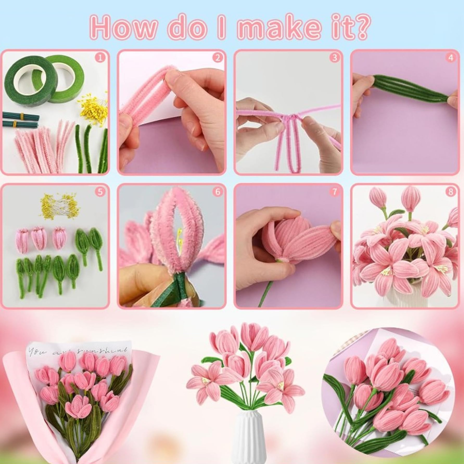 Pipe Cleaner Flower Kit, Cleaners Kit - 400 Pcs Pastel Tulips with Sticks & Accessories for DIY Craft, Floral Making