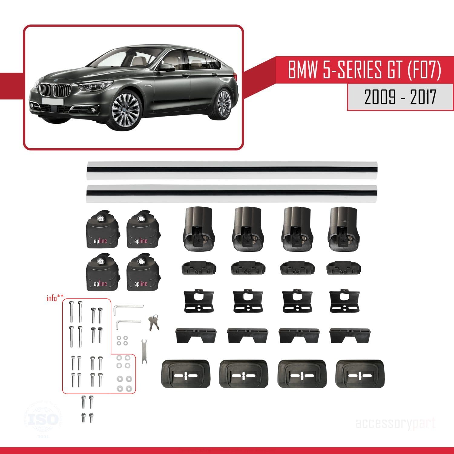 Compatible con BMW Serie 5 Gran Turismo (F07) 2009-2017 Modelo Ace-3 Barra de Techo Auto Portaequipajes Barras Transversales Gris Aluminio 2 Barras