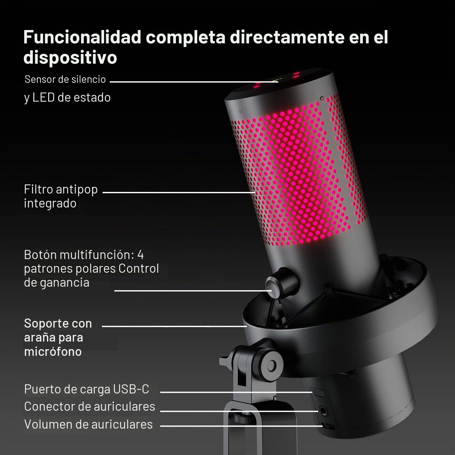 DOCKIN® Micrófono Condensador MP3000 para PC, Juegos, Podcast y Streaming - Micrófono USB de pie para grabaciones - Micrófono con Soporte Pesado [Equipo Completo]