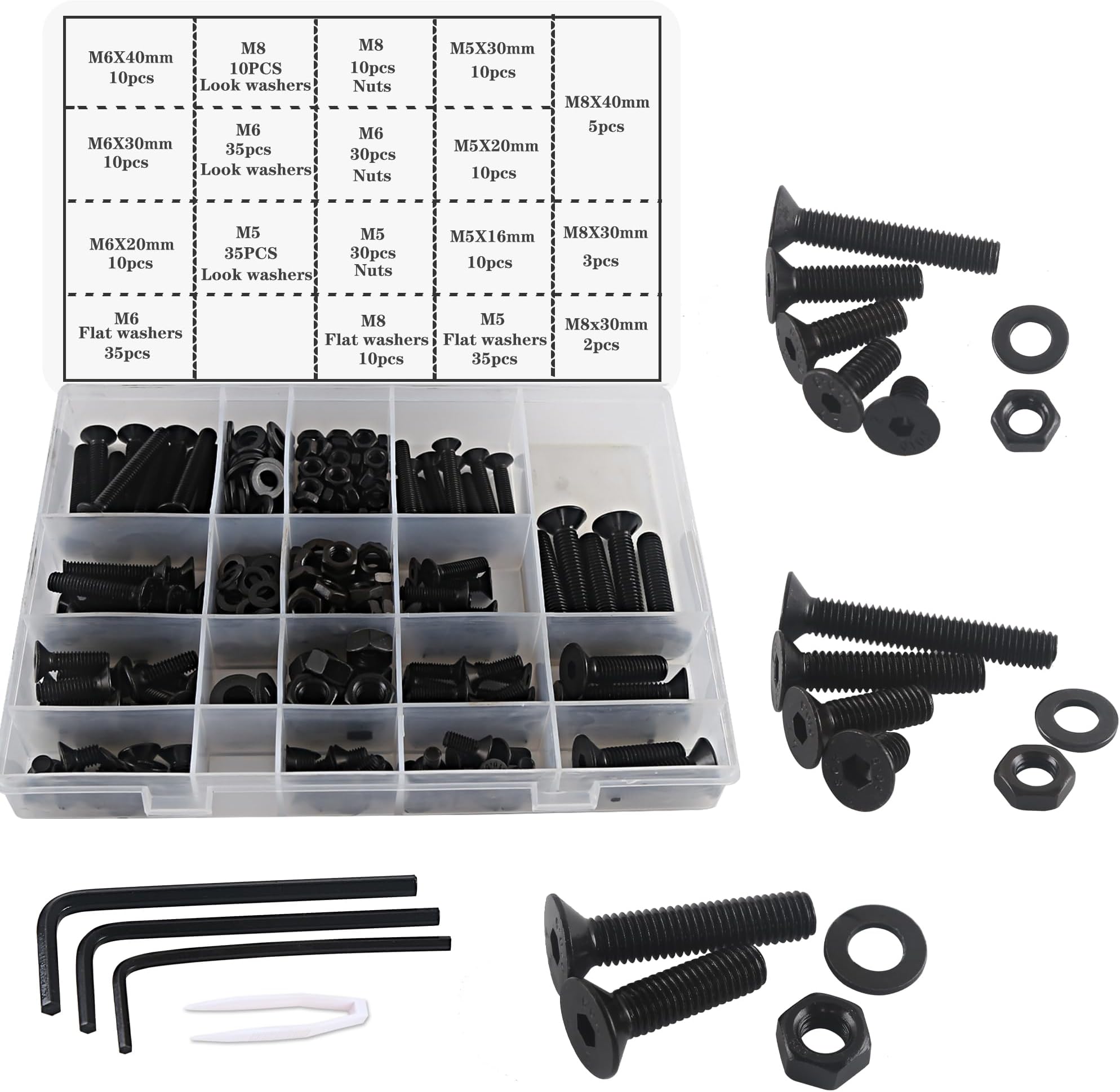 M5 M6 M8 Nuts and Bolts Washers Assorted Set, Black Hex Flat Head Screws Bolts and Nuts Kit, Thread Machine Hex Bolt Set Fastener Repair Tools Assortment Kit with 3 Wrench 310pcs