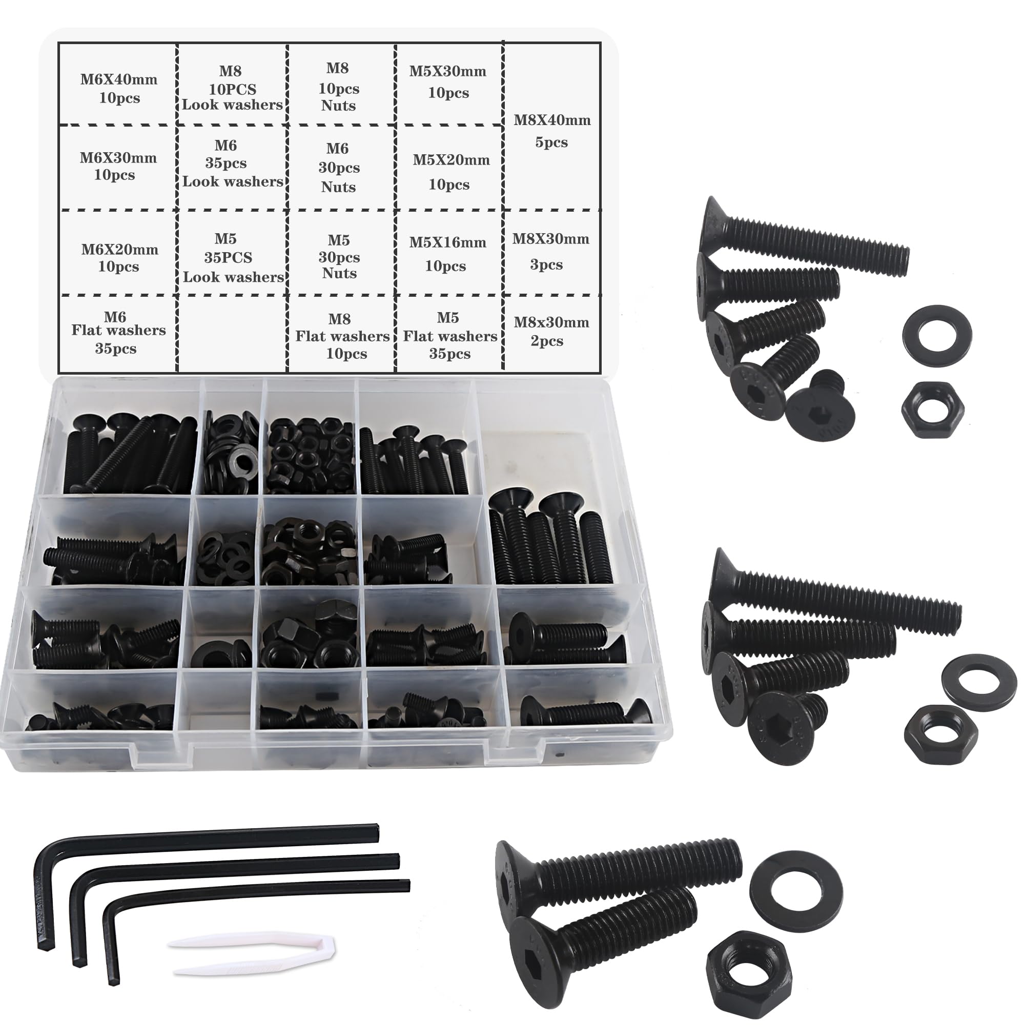 M5 M6 M8 Nuts and Bolts Washers Assorted Set, Black Hex Flat Head Screws Bolts and Nuts Kit, Thread Machine Hex Bolt Set Fastener Repair Tools Assortment Kit with 3 Wrench 310pcs