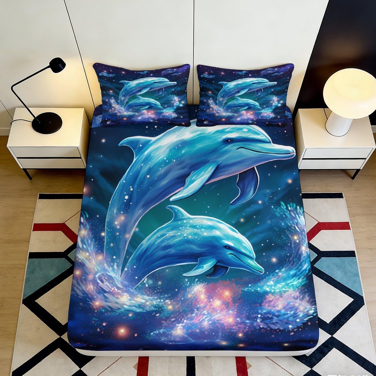 3D Printed Dolphin Galaxy Fitted Sheet Microfiber Soft Durable Cosmic Nebula Bed Cover for Bedroom Dormitory Guest Room Mattress Protection 140x200x25cm