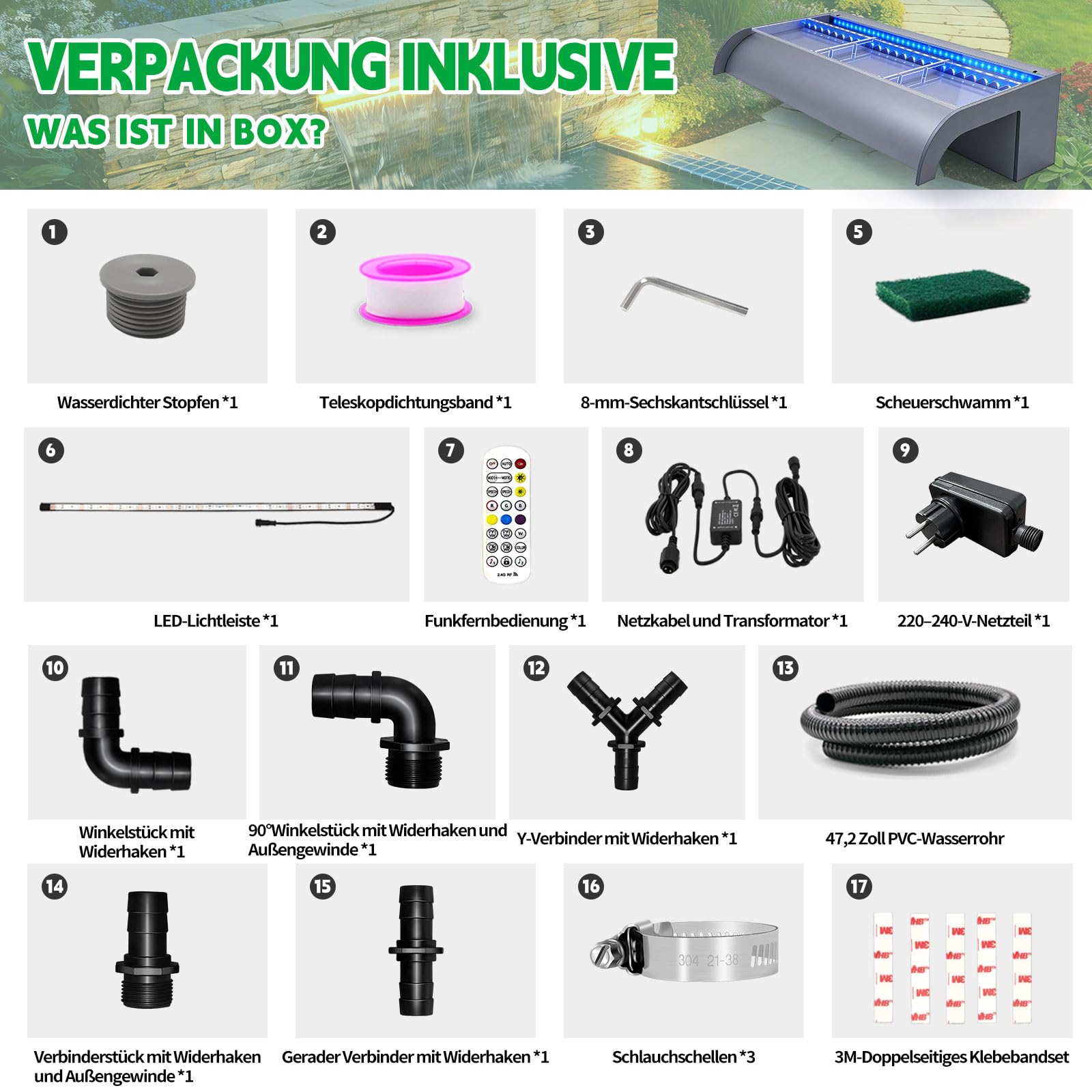 LONGRUN 60cm Gebogener Teich-Wasserfall aus Acryl mit RGB LED-Leiste & Bluetooth-App-Steuerung, Garten-Wasserfall für Teich, Pool und Schwimmbad