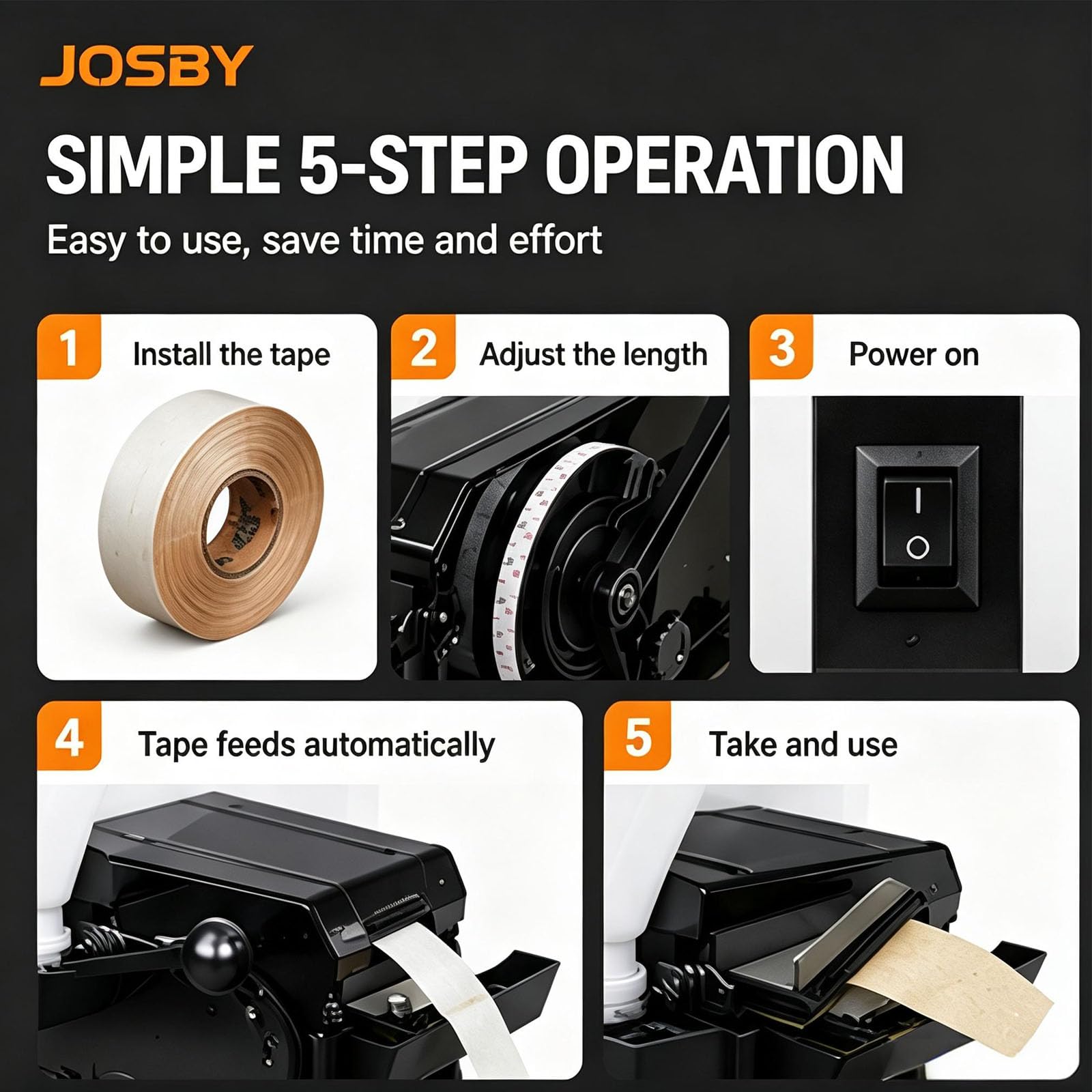 JOSBY Macchina Manuale per Nastro Adesivo in Carta Kraft Umida, Lunghezza Regolabile da 100 A 1000 Mm, Larghezza da 20 A 100 Mm, Corpo Interamente in Metallo Rinforzato, Ideale per Imballaggio