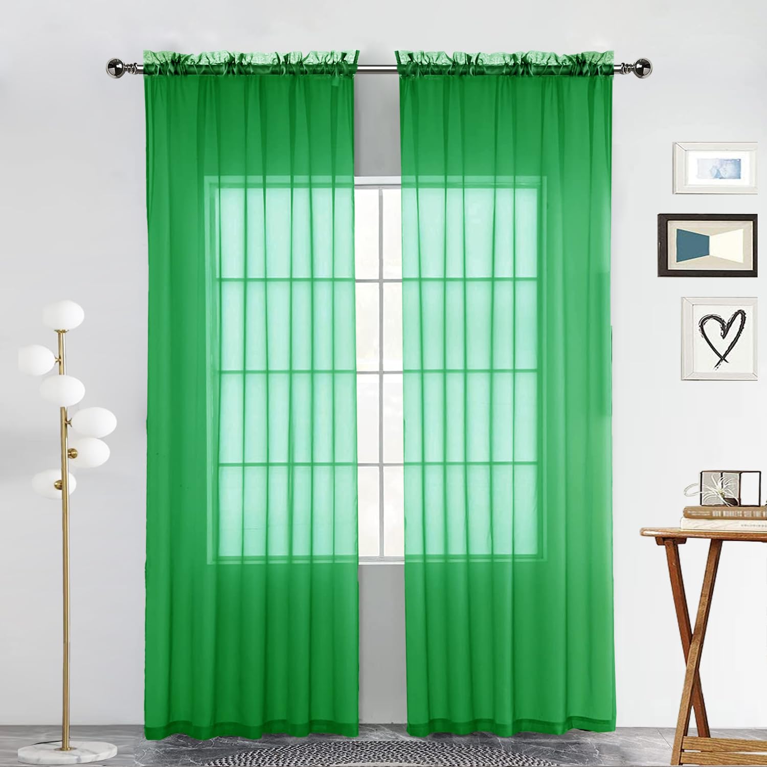 SpaceDresser Sheer Voile Window Treatment Rod Pocket Curtain Panels for Kitchen Bedroom Living Room Drapes Sunlight Filtering Privacy Semi Home Decor Assorted Colors Sizes (Green, 52 W x 96 L) โ image 1