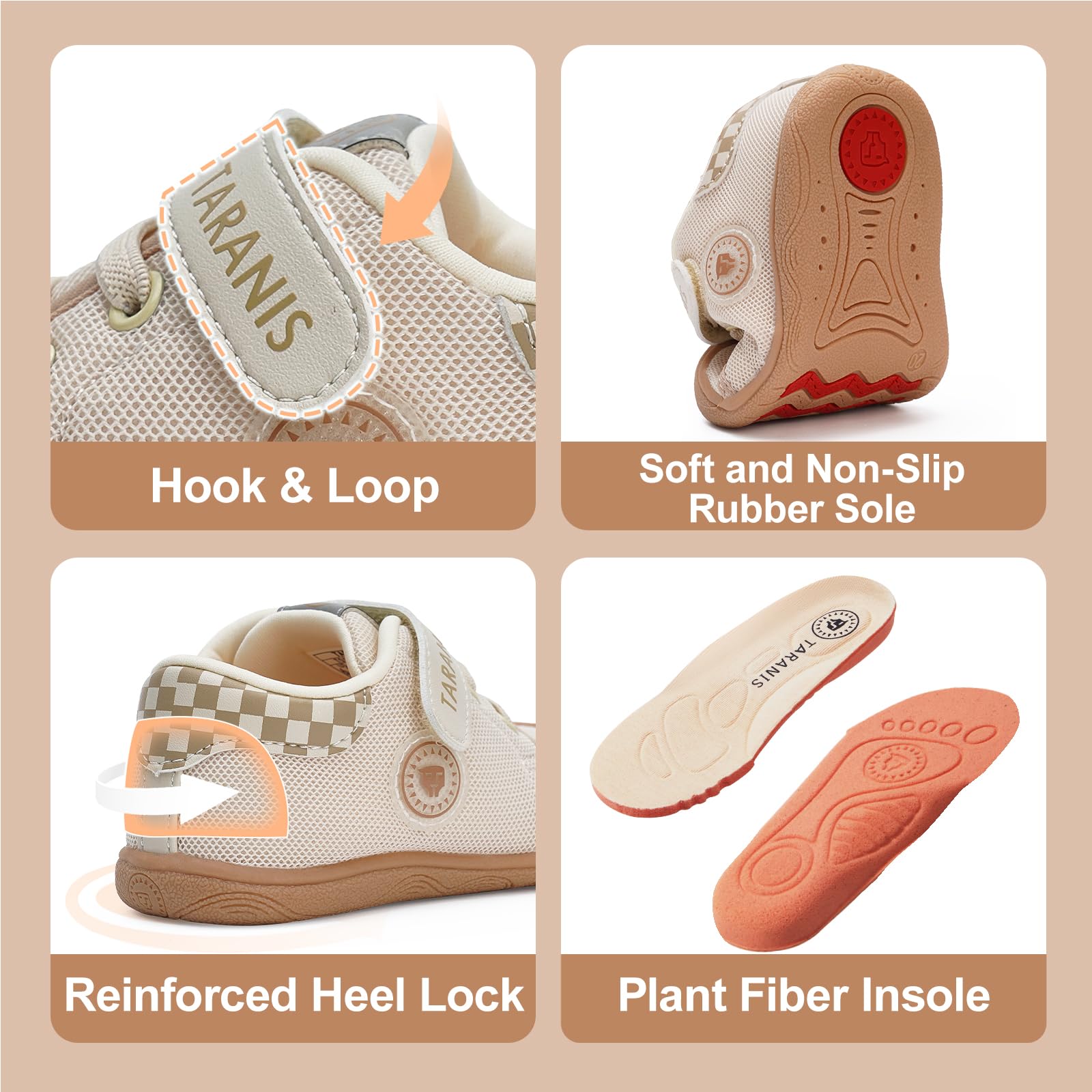 TARANIS Zapatos de bebé para niños y niñas, transpirables, antideslizantes, anchos, Blanco albaricoque, 7 Toddler