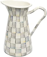 MacKenzie-Childs Sterling Check Enamel Pitcher - Large 3 Qt Drink Jug for Iced Tea, Water, Lemonade or Flowers, Gray White Checks