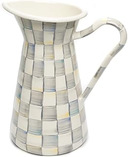 MacKenzie-Childs Sterling Check Enamel Pitcher - Large 3 Qt Drink Jug for Iced Tea, Water, Lemonade or Flowers, Gray White Checks