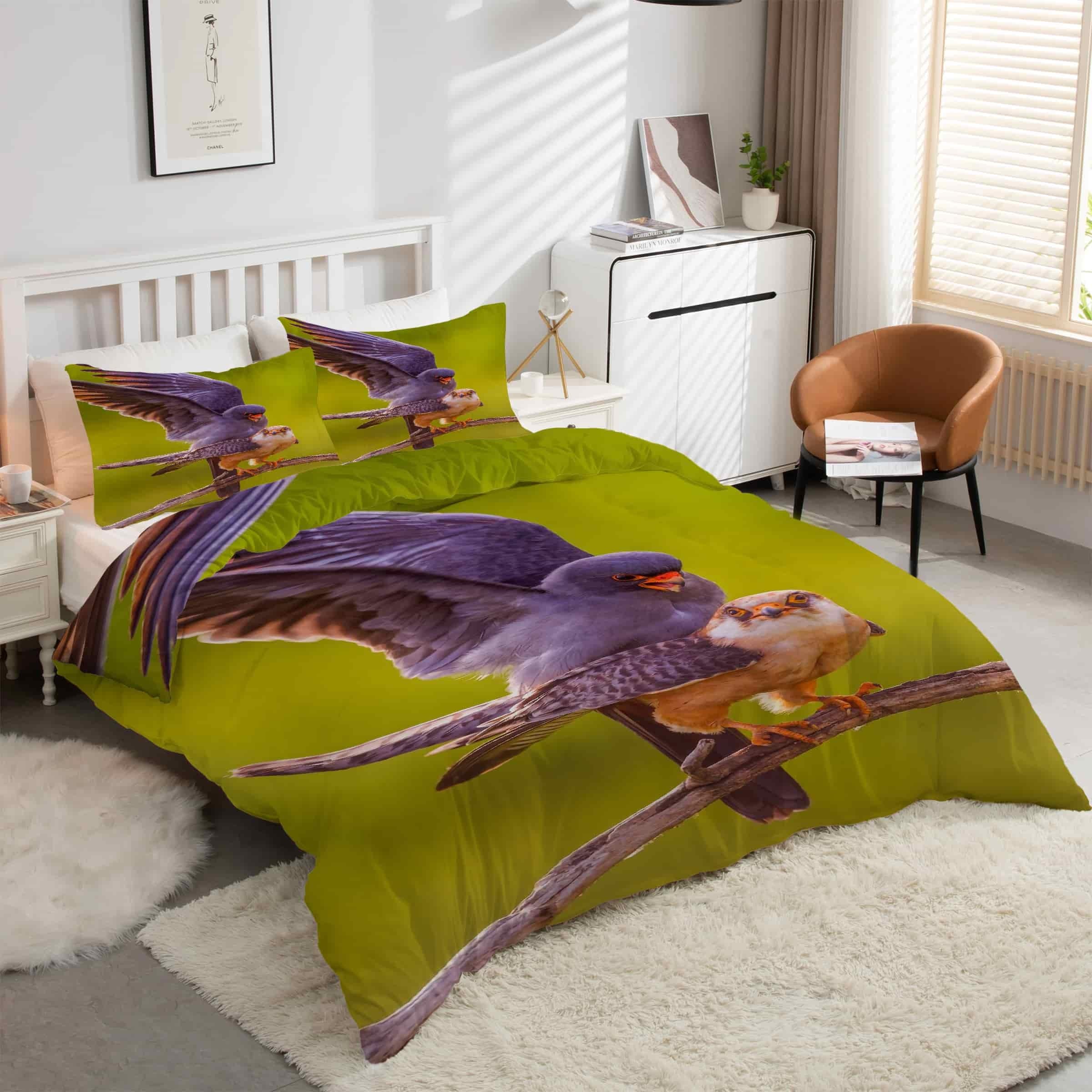 Housse de Couette 240 x 260 Faucon Oiseau Parure de Lit 3 Pièces avec Fermeture Éclair