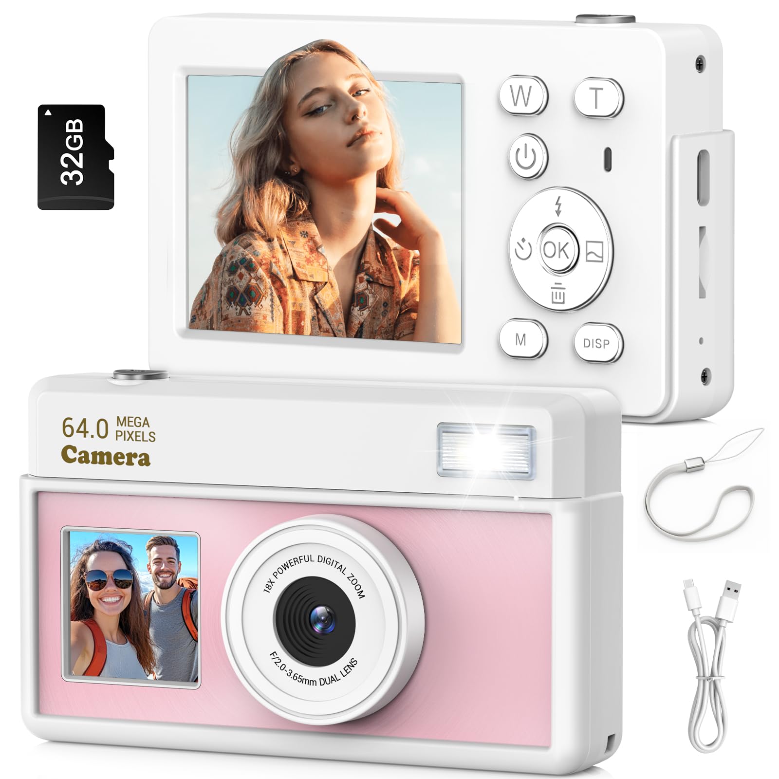 Digital Camera, 64MP 4K Digital Compact Camera, 32GB Card, Anti-Shake, 18X Zoom, Vlog Camera for Teens and Adults Beginners (White Pink)