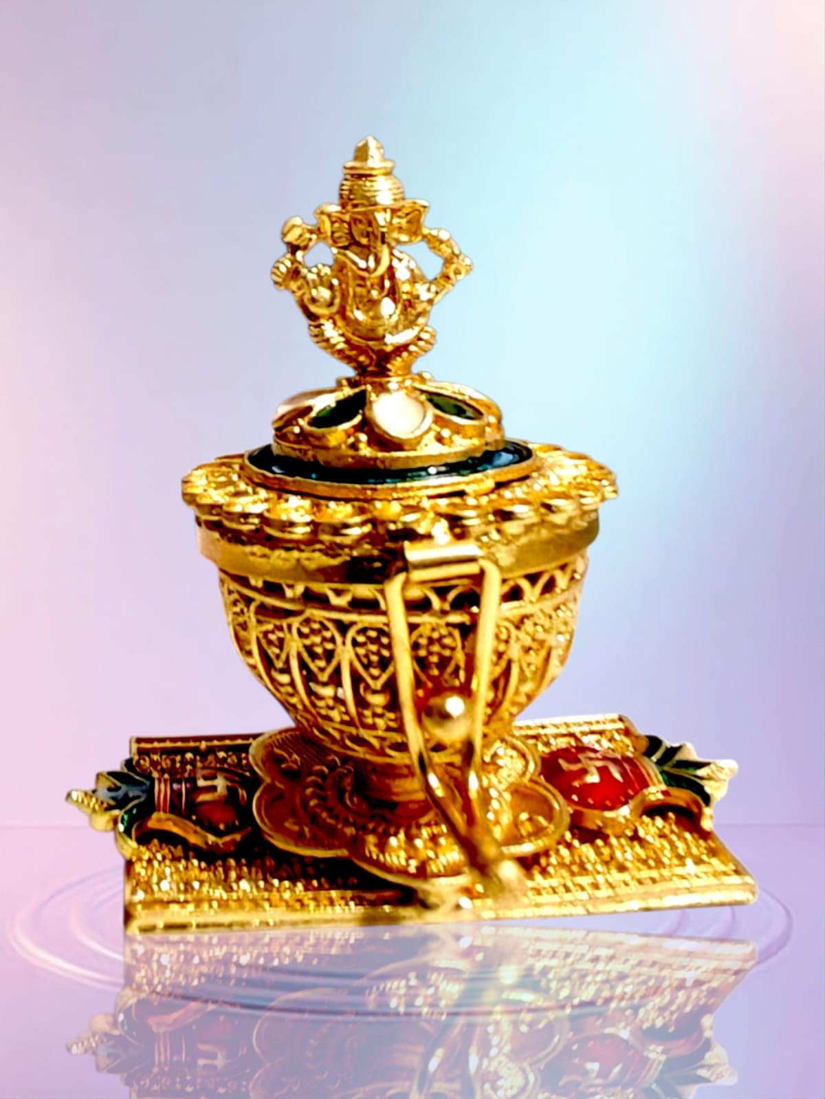 Denique Brass Sindoor Box Gold Plated Sidoor Box Gold sindoor box/Wedding Gift/Pooja Accessory/Kumkum box (Ganesha Kempu Sqwer Stand)