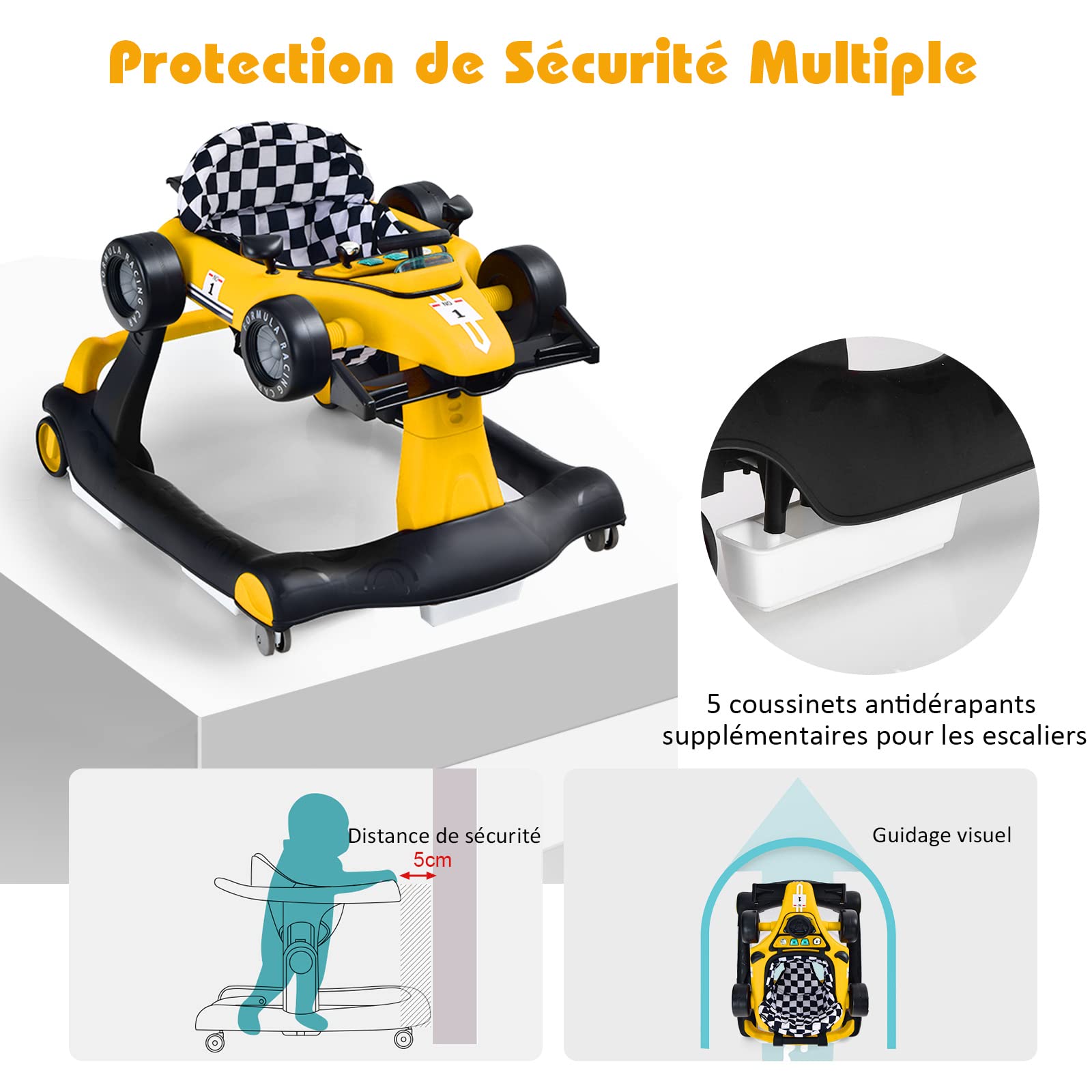 GOPLUS Trotteur Bébé Évolutif 4 en 1 Garçon Fille 6-18 Mois, Charge Max 12 KG, Trotteur Bebe Marche Pliable, Musique et Lumière, Hauteur Réglable en 3 Positions (Jaune)