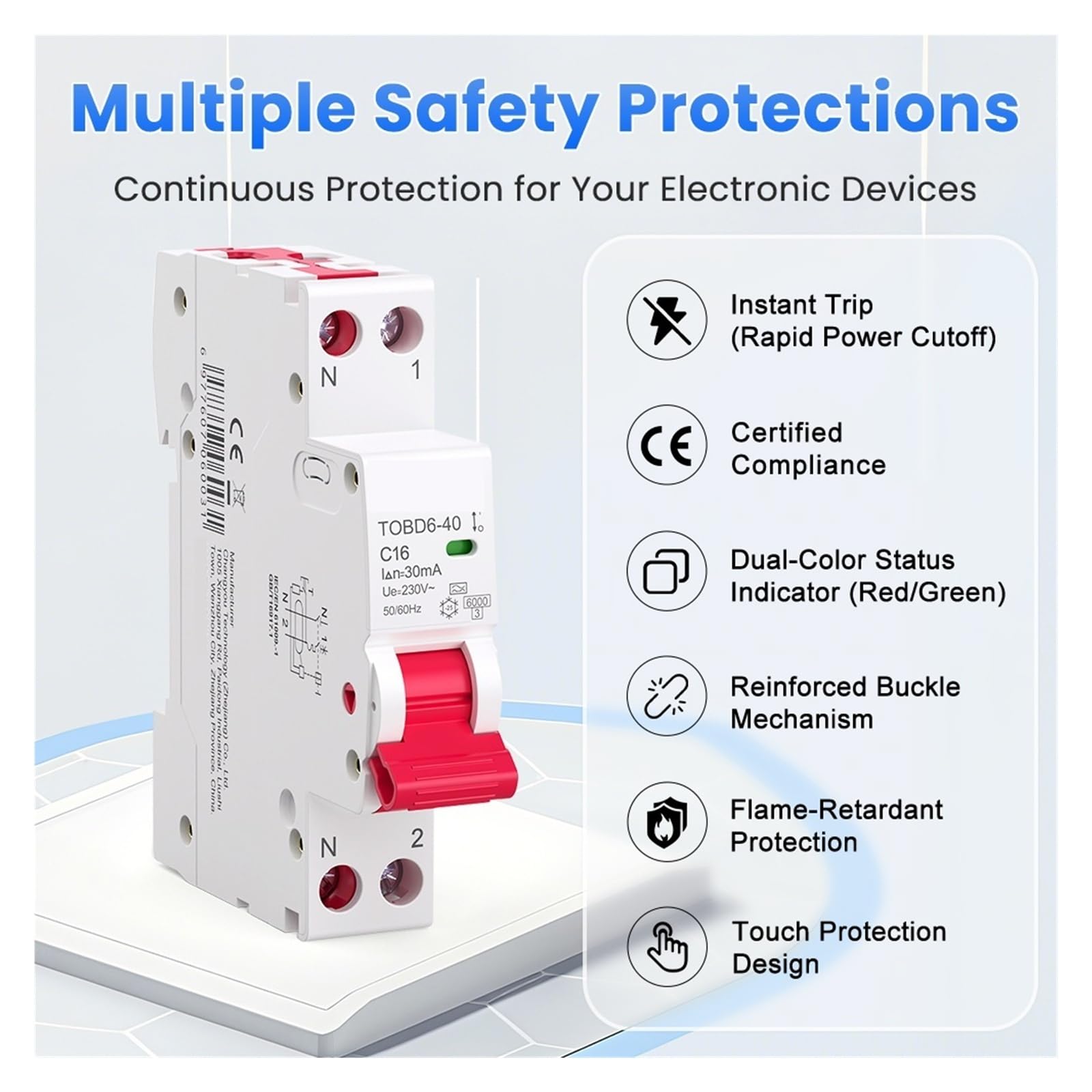 Disyuntor RCBO Tipo A 6kA 30mA/10mA 16A,25A,32A,40A 1P+N Con Protección Contra Sobrecargas Y Fugas(30mA,B16A)