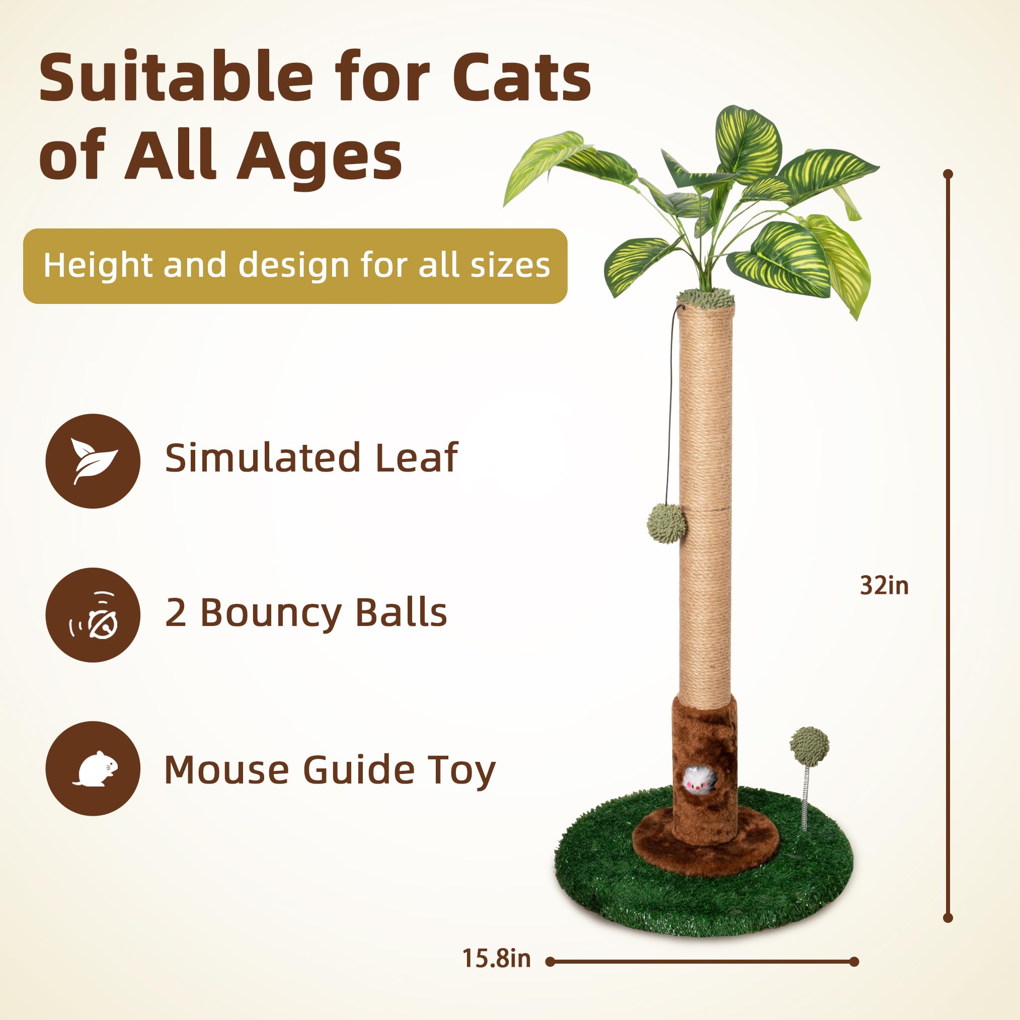 Meowoou Tiragraffi per Gatti Alto 81 cm con Corda in Sisal per Gatti da Appartamento, bel Tiragraffi Verde con Giocattolo Incorporato per Gattini