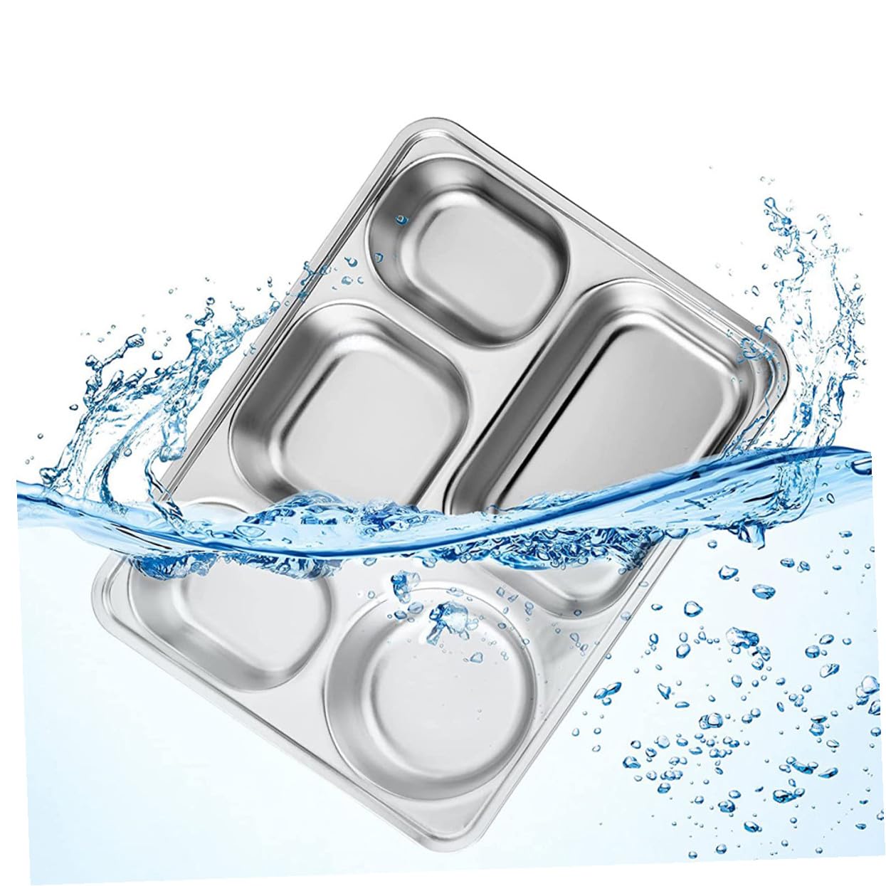 Plateau Divisé en Acier Inoxydable 3 Pièces, Assiette Compartimentée Rectangulaire Grosse Capacité, Métal Solide, Empilable, pour Adultes, Repas Quotidiens, École, Camping