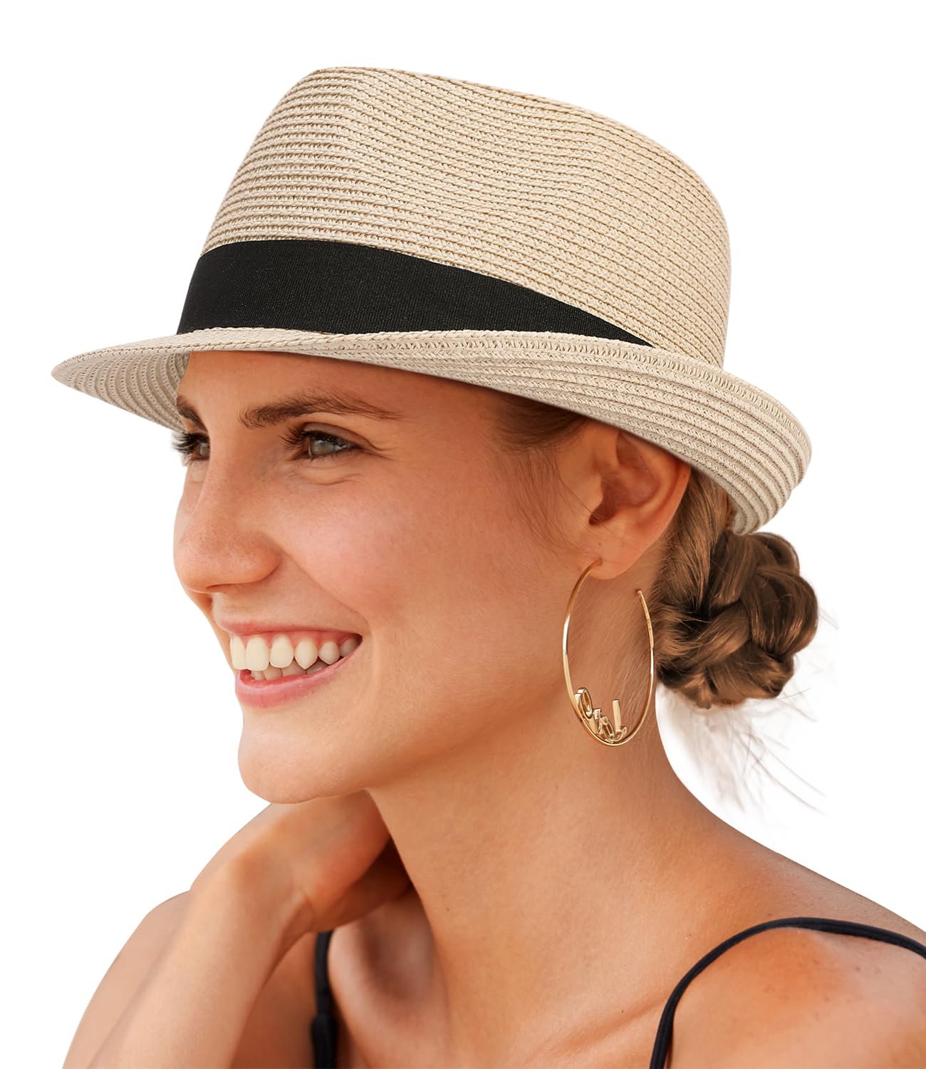 Creekstone Straw Fedora Sun Hat for Women Men Short Brim Panama Trilby Beach Hat Packable Summer Hat UPF 50+ (UK, Alpha, L, Beige)