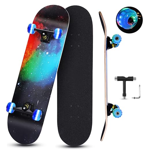 Skateboard Komplettboard Erwachsene Kinder 31x 8 Zoll Skateboards Doppel Kick Deck, ABEC-11 Kugellager, 7-lagigem Ahornholz Geschenke für Jugendliche Mädchen Teenager, mit All-in-One Skate Tools